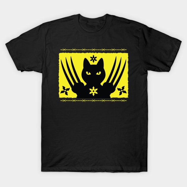 BLACK NINJA SAMURAI CAT WITH LONG SHARP CLAWS AND SHURIKENS T-Shirt T-Shirt by Cat In Orbit ®